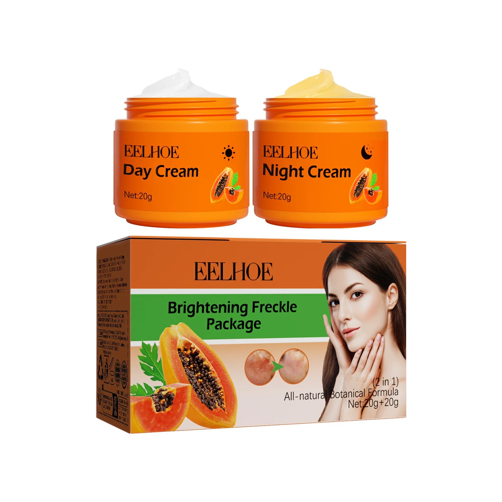 Papaya Brightening Freckle Face Cream Set Day Night Sun Spots Corrector Fade Pigment Brighten Skin Tone Day & Night Moisturizer
