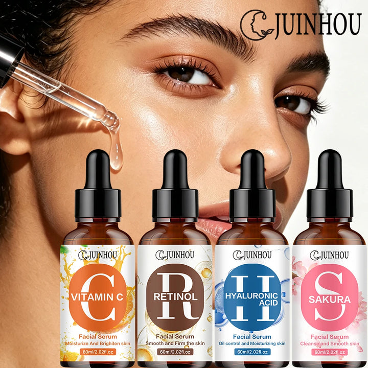 JUINHOU 4pcs Vitamin C + Retinol +Sakura + Hyaluronic Acid Serum Brightening & Hydration Combo Supple Skin For All Skin Type