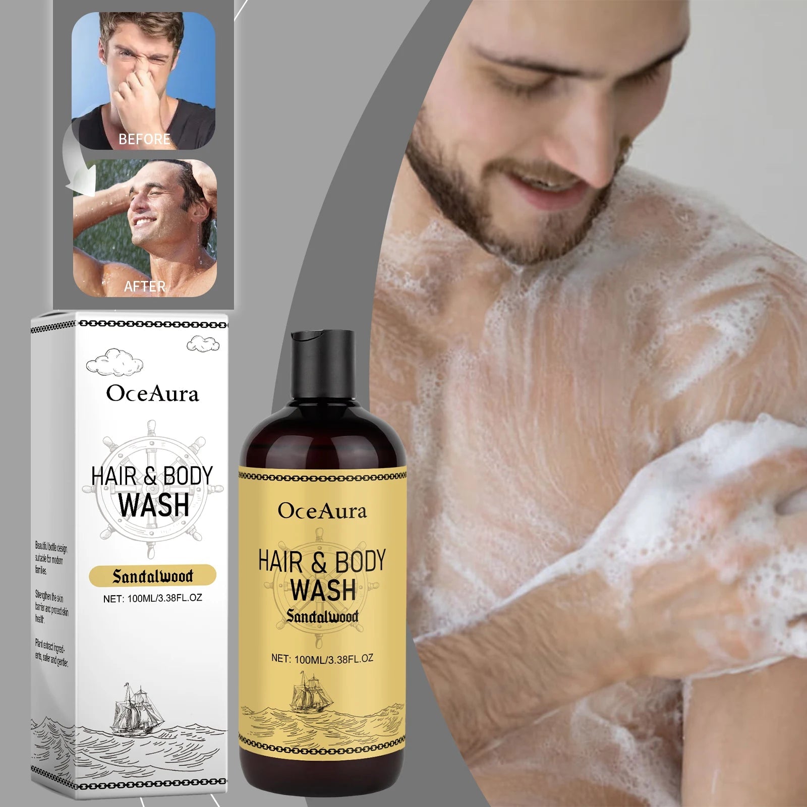 OceAura 2-in-1 Shampoo & Body Wash for Men - Moisturizing Body Wash, Skin & Scalp Cleanser, Hair Shampoo Halalzen