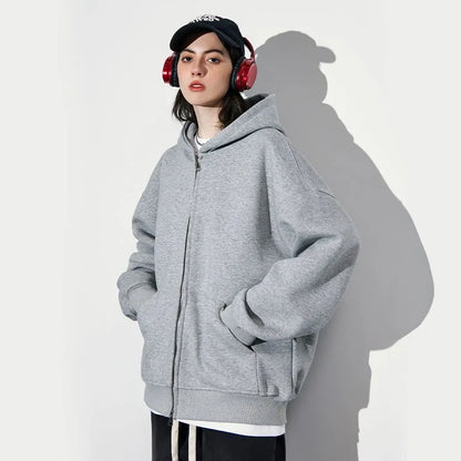 Women's Fashion Warm Hooded Jacket Fall Autumn Winter Gray Long Sleeve Pocket Double Zipper Jacket Commuter Casual Women Jacket