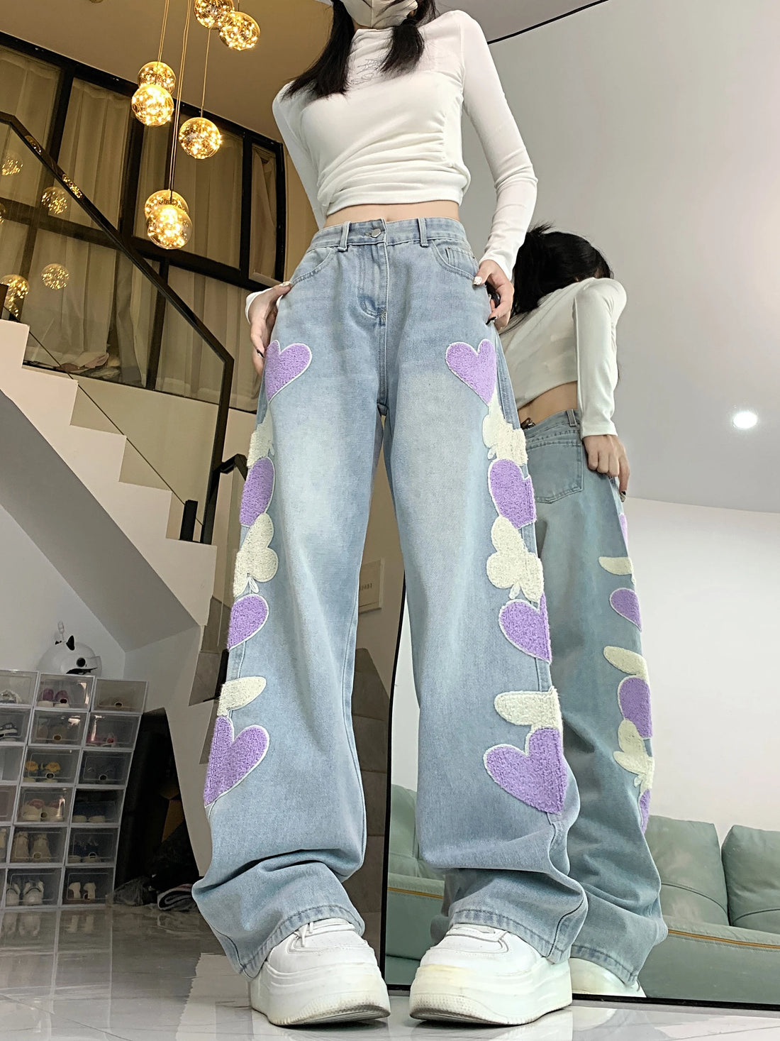 Light Blue Jeans Women's Design Embroidered Loose Casual Wide-Leg Straight Long Pants