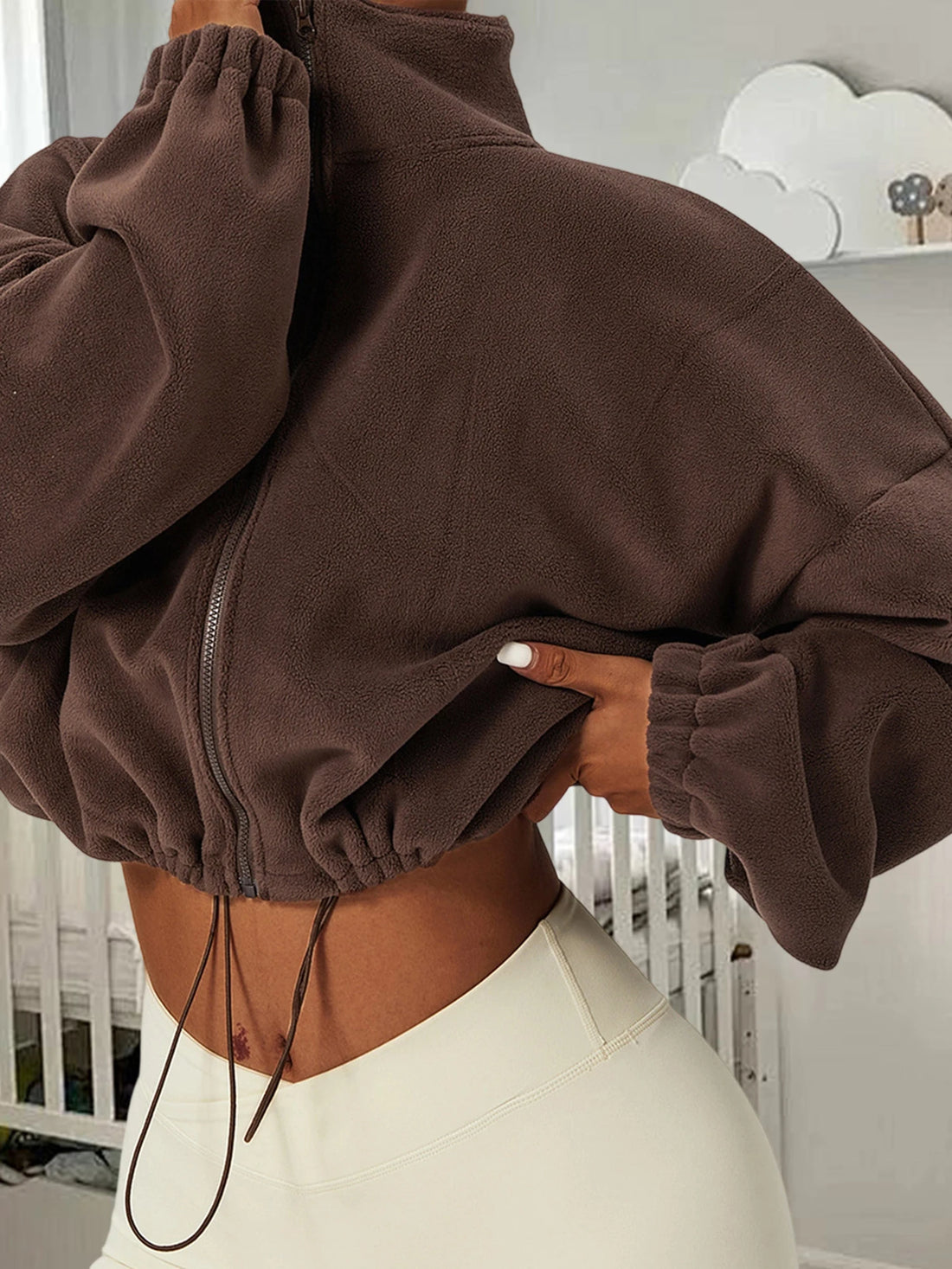 Ladies Cozy Fleece Coat Stylish Full Sleeve High Neck Zipper Closure Coat Autumn Winter Outerwear Trendy Warm Jacket