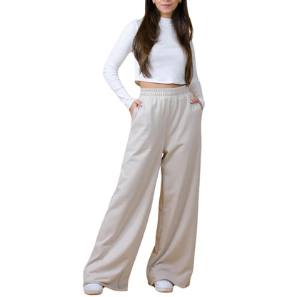 Women s High Waist Wide-Leg Pants in Solid Color Elastic Waistband Loose Fit Casual Fall Sweatpants with Straight Bottoms