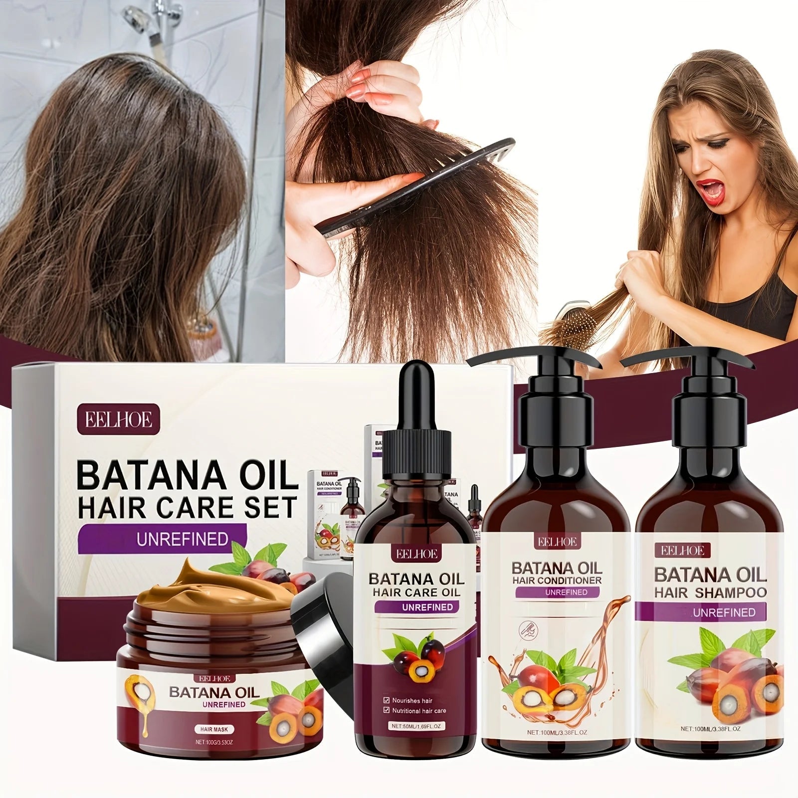 Batana Oil Hair Care Set - Shampoo, Conditioner, Hair Mask and Scalp Oil for All Hair Types Halalzen