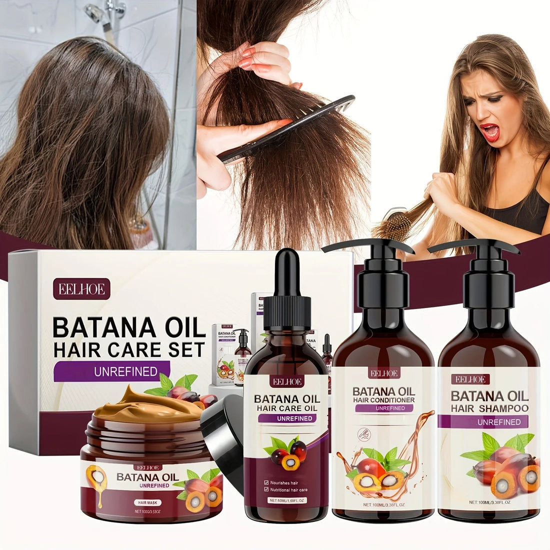 Batana Oil Hair Care Set - Shampoo, Conditioner, Hair Mask and Scalp Oil for All Hair Types Halalzen