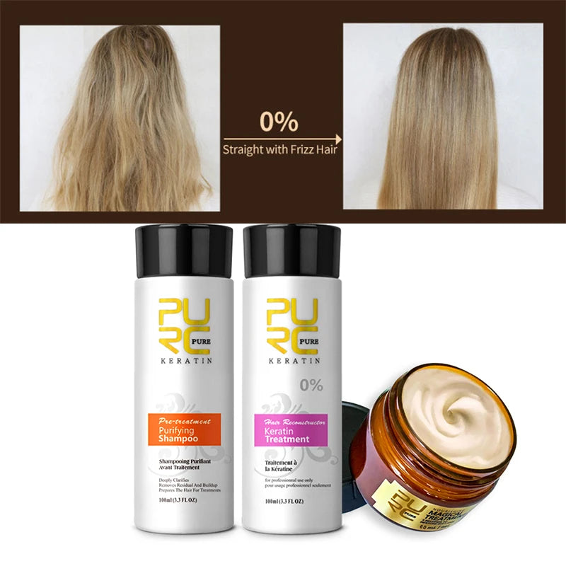 PURC Brazilian Keratin Treatment Cream Straightening Smoothing Hair Mask Sets Repair Damaged Frizz Dry Hair Care for Women 3pcs