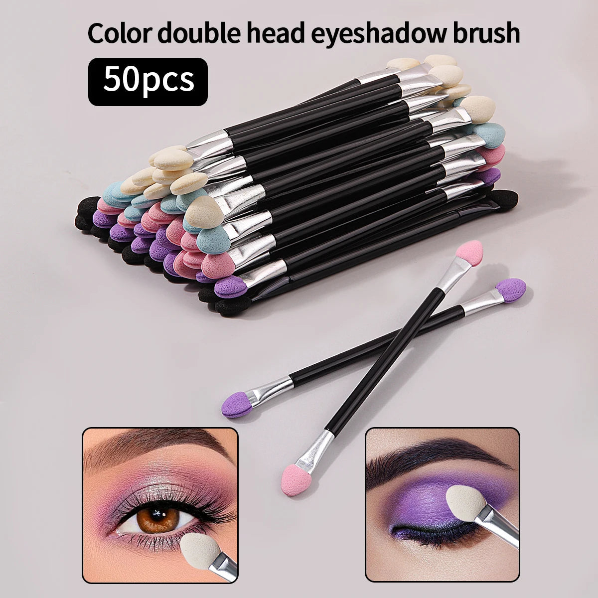 50PCS Double-Ended Eyeshadow Brushes Fashion Useful Long Handle Sponge Stick Applicators Lip Eye Brow Brush Beauty Makeup Tool Halalzen