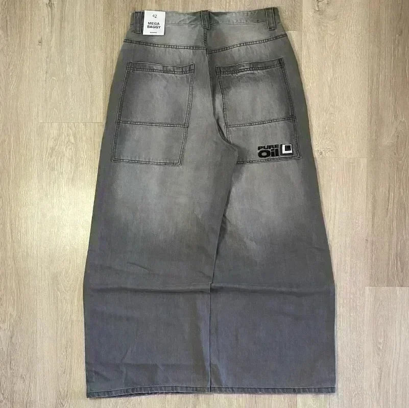 American Street Trend Letter Embroidered Loose Jeans Men Harajuku Y2K New Hip Hop Oversized Wide-leg Pants Unisex Mopping Jeans HALALZEN