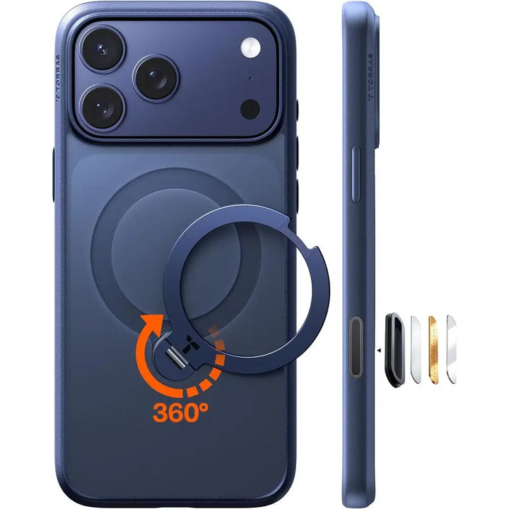 360° Mıknatıslı Stand iPhone 17 Pro Max Kılıfı, Kamera Kontrolü ile Derin Mavi Darbeye Dayanıklı, MagSafe Uyumlu