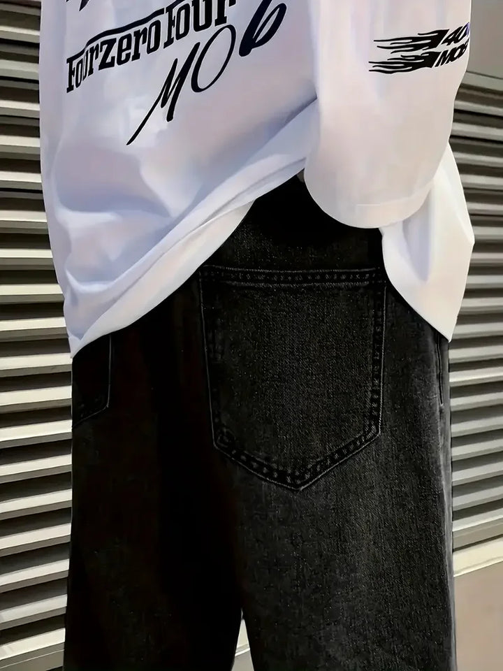 Men's Loose Fit Straight Leg Jeans - 65% Cotton 35% Polyester Blend, Dark Gray Casual Washed Jeans, 390gsm Heavyweight Fabric, A