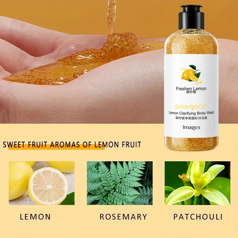 300ml Lemon Scrub Shower Gel, Alcohol-Free, Non-Greasy, Formaldehyde-Free, Rich in Citric Acid, Vitamin E, and Hyaluronic Acid, Suitable for All Light Beige Skin Types, with a Fresh Scent, Featuring Moisturizing, Nourishing, Halalzen