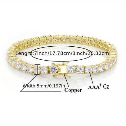 New Pure Copper Tennis Chain Bracelet - Zirconia Hip Hop Jewelry for Men & Women (Anti-Tarnish, Christmas/Halloween Gift)