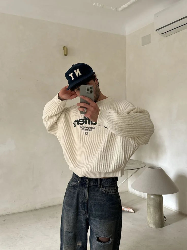 Street trend letter patch design simple long sleeved couple y2k retro casual comfortable loose warm outdoor O-neck sportswear