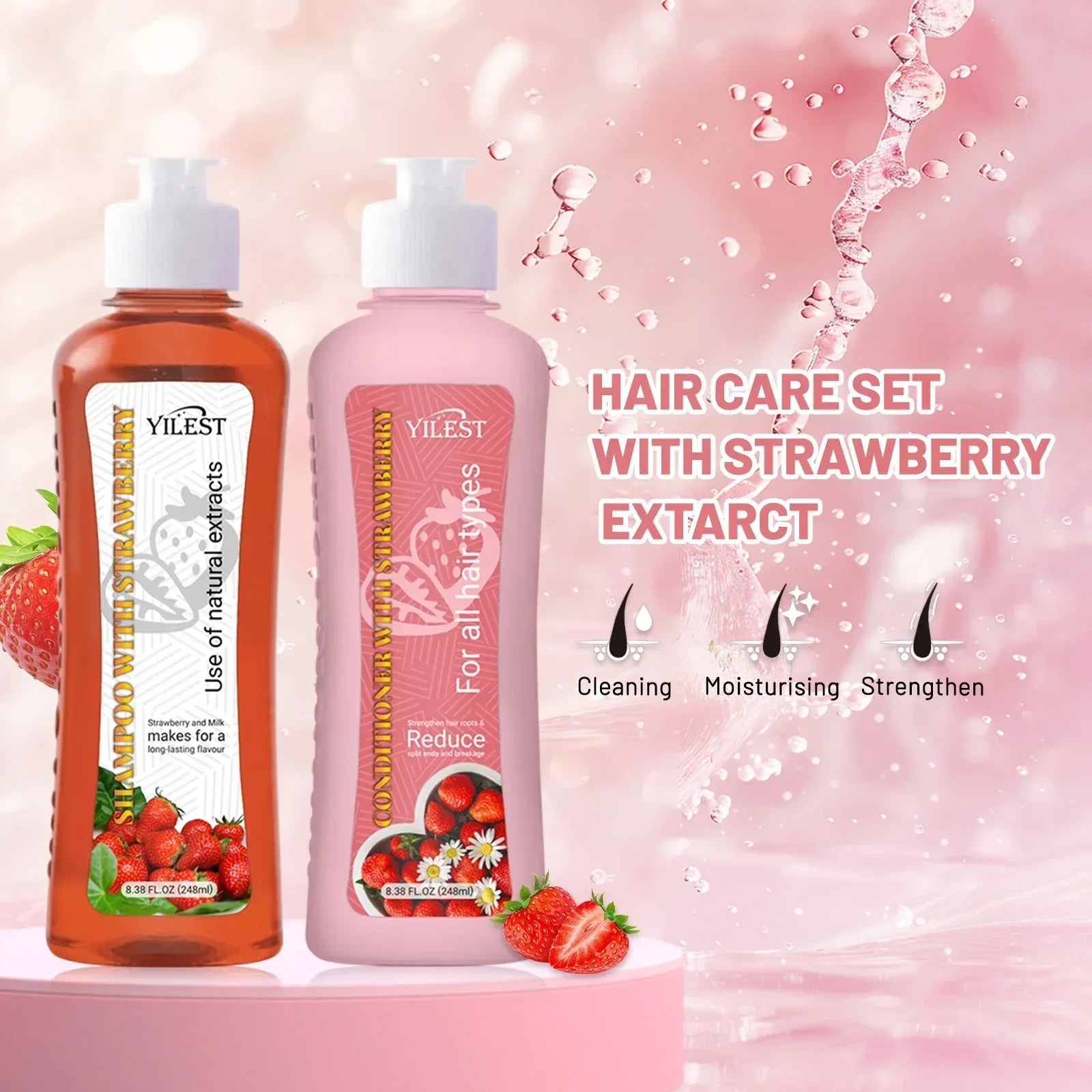YILEST Shampoo and Conditioner Set for Hair Loss Dry & Damaged Hair Nourishing Care for Soft & Shiny Hair, Strawberry Scent Halalzen