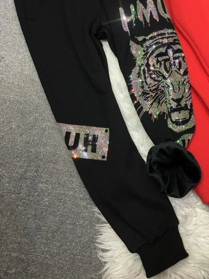 Plus Size Sweatpants Women Fleece Tiger Rhinestone Graphic Joggers with Pocket Cropped Length Bottom Thick Warm Winter