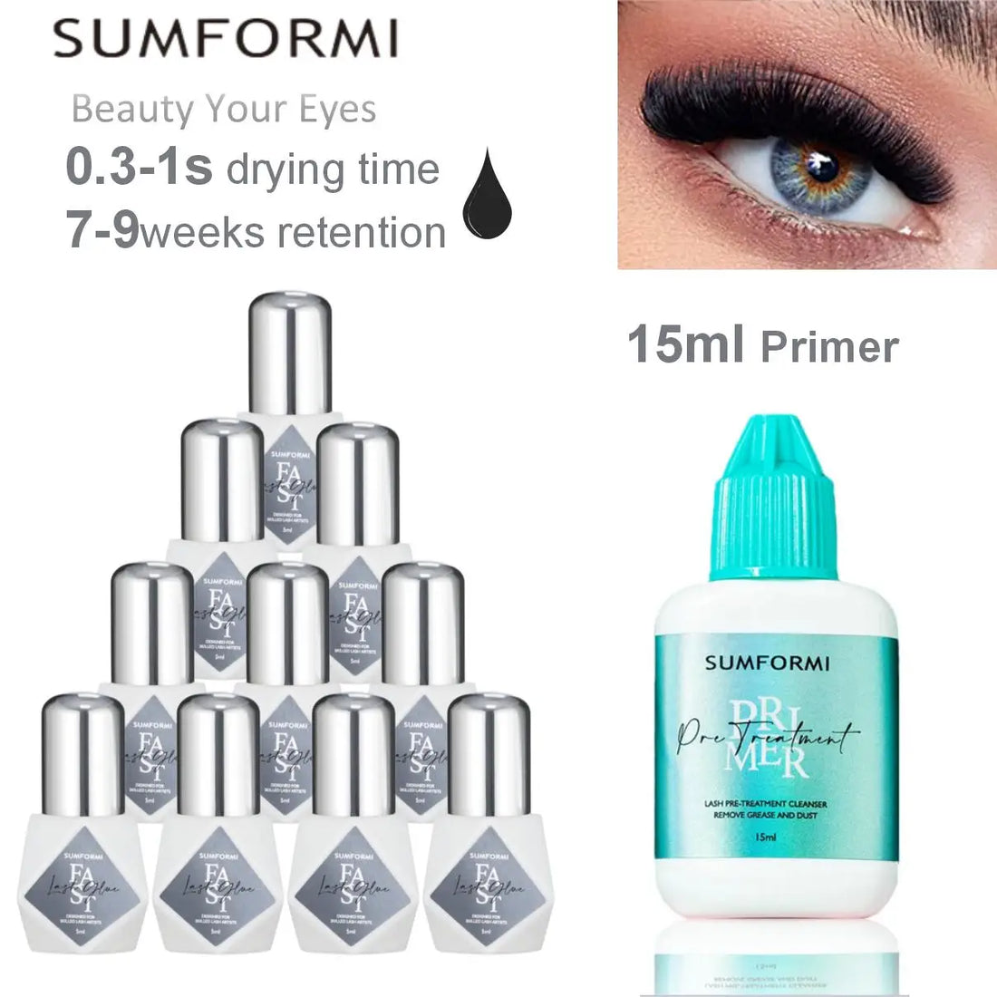 SUMFORMI 10PCS False Eyelash Extensions Glue 0.3S Fast Dry Waterproof Thin Lash Eyelashes Adhesive Bonder Wholesale Makeup Tools