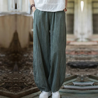 Elegant Women's Cotton Linen Baggy Cargo Pants Vintage Elastic Waist Yoga Trousers Loose Casual Long Wide Leg Oversize Clothes