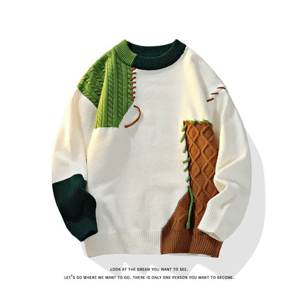 2025 Fall Winter Warm Men Sweaters Korean Style Patchwork Pullovers Round Neck Knitted Sweater Men Women Fashion Knitwear