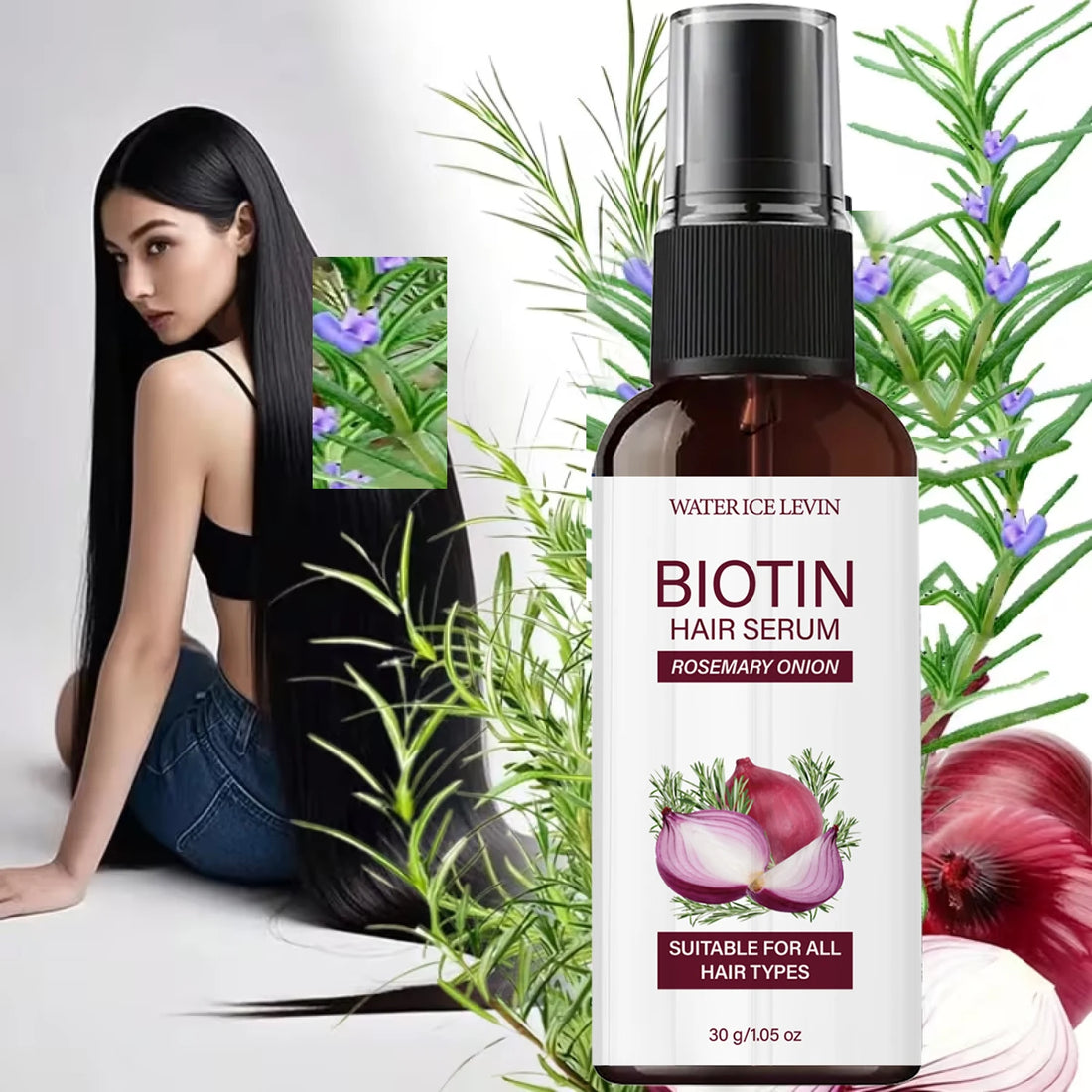 Biotin Hair Serum 30g with Rosemary & Onion Oil - Moisturizing Nourishing Essential Oil for Smooth, Supple & Healthy Hair