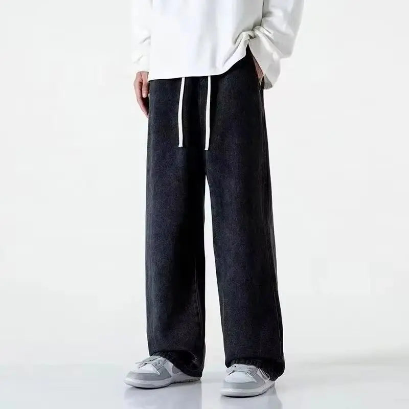 Men's Winter Fleece Loose Jeans  Elastic Waist Wide Leg Y2K Denim Pants Straight Comfortable Brand Men's Clothing HALALZEN