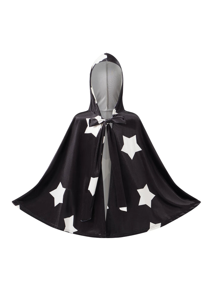 Kids Halloween Witch Cape Costume with Classic Star Pattern and Hooded Wizard Cape for Cosplay Outfit Fun and Magic Theme