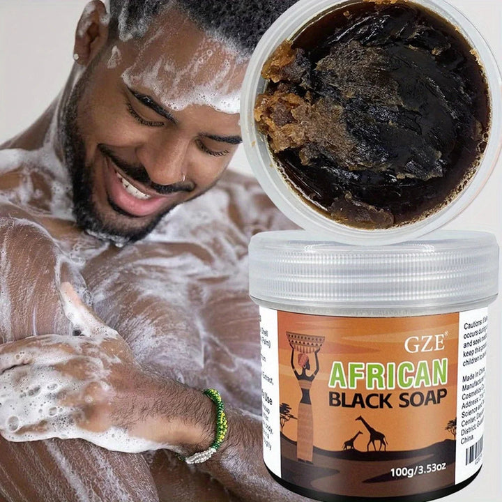 GZE African Black Soap 3-in-1 Face, Hair, and Body Cleanser - Deeply Cleanses and Moisturizes Skin and Hair Handmade Halalzen