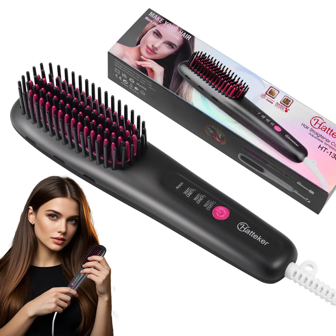 Hatteker Portable Home Use Negative Ion Straightening Comb Multi-temperature Adjustable Hair Styling Tool for Smooth Shiny