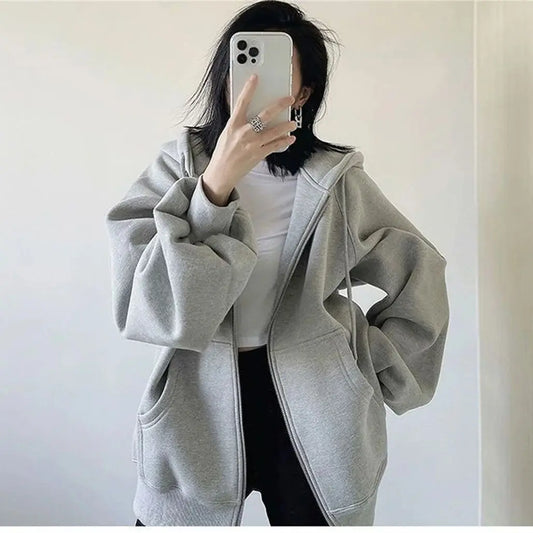 Women Loose Hooded Sweatshirt Jacket 2025 Spring Fall Solid Zipper Long Sleeve Coat Oversize Vintage Korean Hoodies Casual Wear