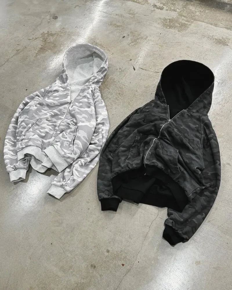American fashion Gothic camouflage clothing oversized hooded men's Y2K street hip-hop Harajuku loose zipper sweatshirt