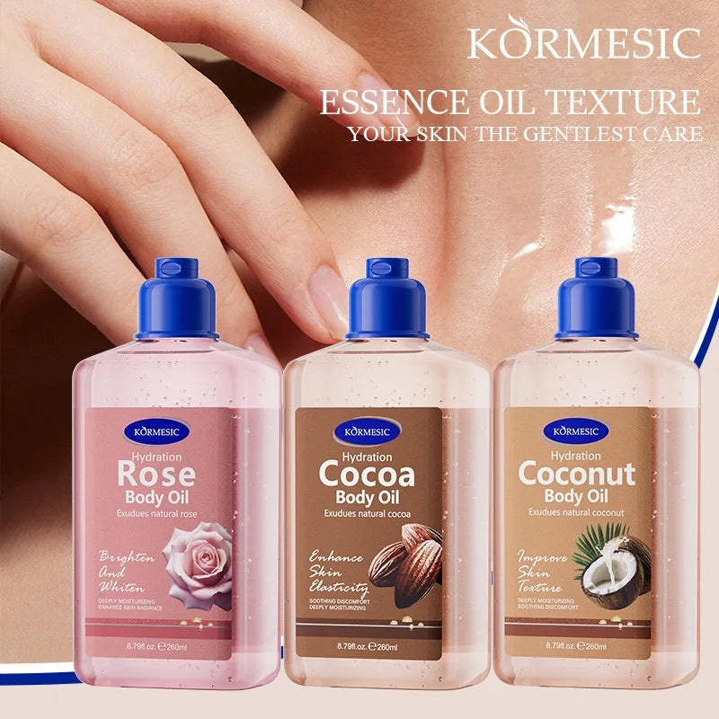 KORMESIC Body Oil 260ml Rose/Cocoa/Coconut Hydrating Brighten Skin Texture Soothe Discomfort Essential Oil