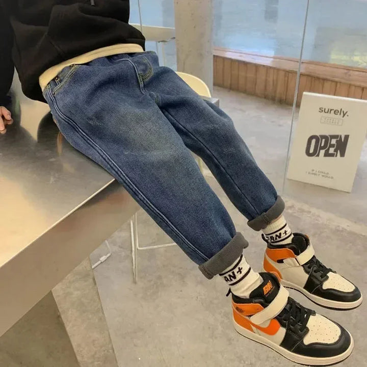 Winter Velvet Lined Boys Jeans Pants Elastic High Waist Warm Kids Vaqueros Pantalones Vintage Thick Plush Children Denim Calca