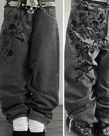 Y2K Street New Skull Embroidered Jeans American Fashion Trendy Retro Pants Men Hip Hop Gothic Harajuku Punk Loose Wide Leg Pants