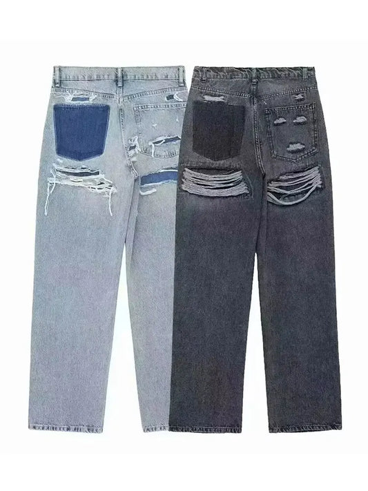 TRAFZA Women Fashion Broken Holes Decorated Denim Pant Jeans High Waist Zipper Trousers Vintage High Street Lady Wide leg Jeans
