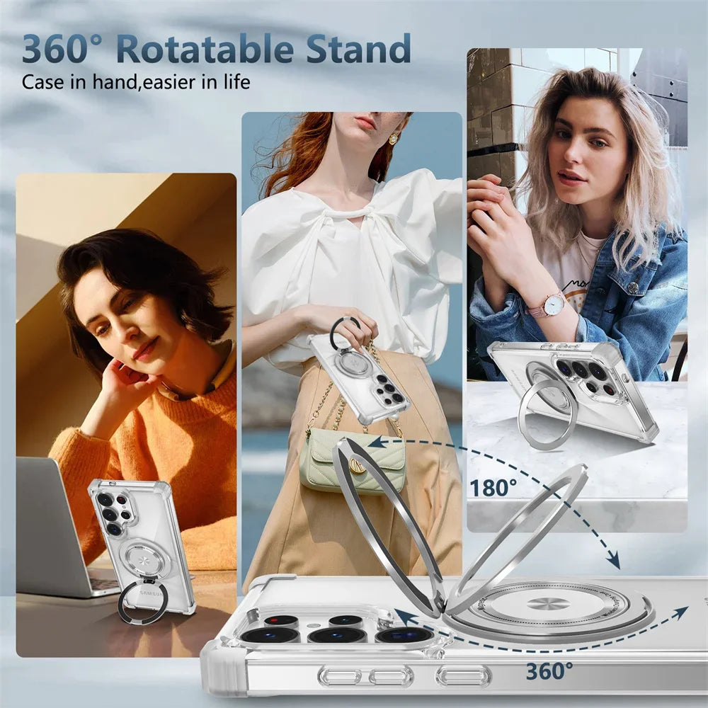 Rotating Magnetic Folding Stand Transparent Phone Case for Samsung S25 S24 S23 Plus FE Note 20 S21 Ultra Armor Shockproof Cover
