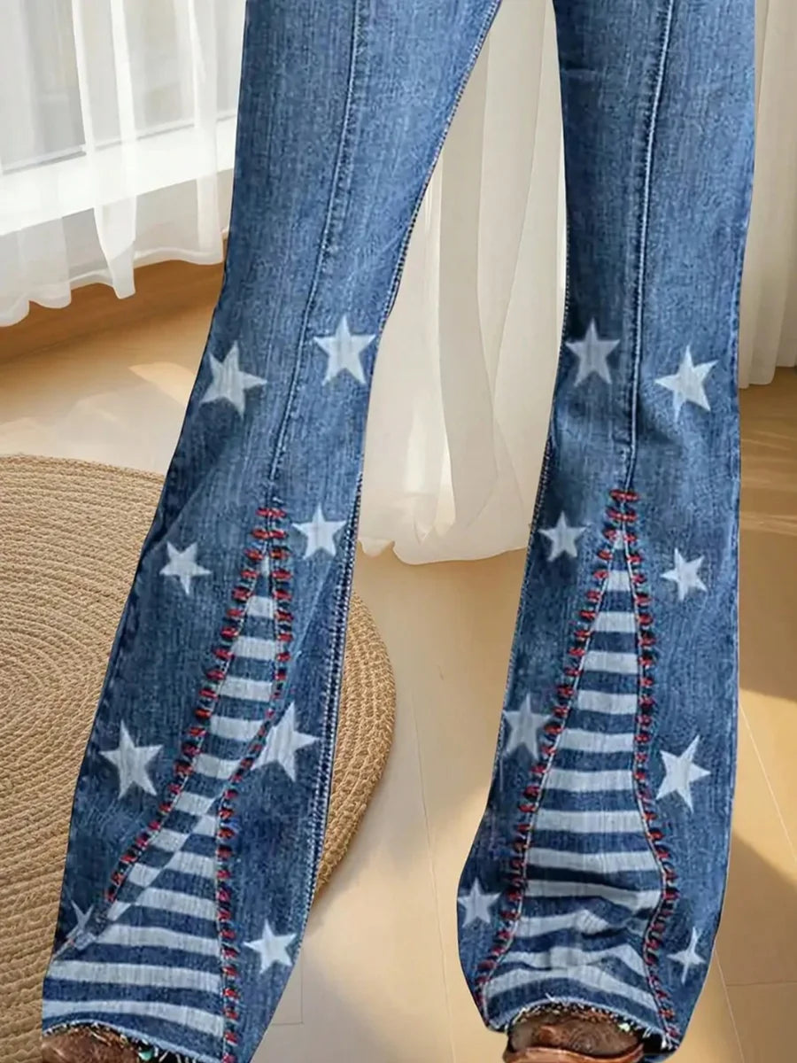 【HME】Women's high-waisted jeans, blue striped women's printed flared pants, buttoned star-printed jeans, fitted flared jeans