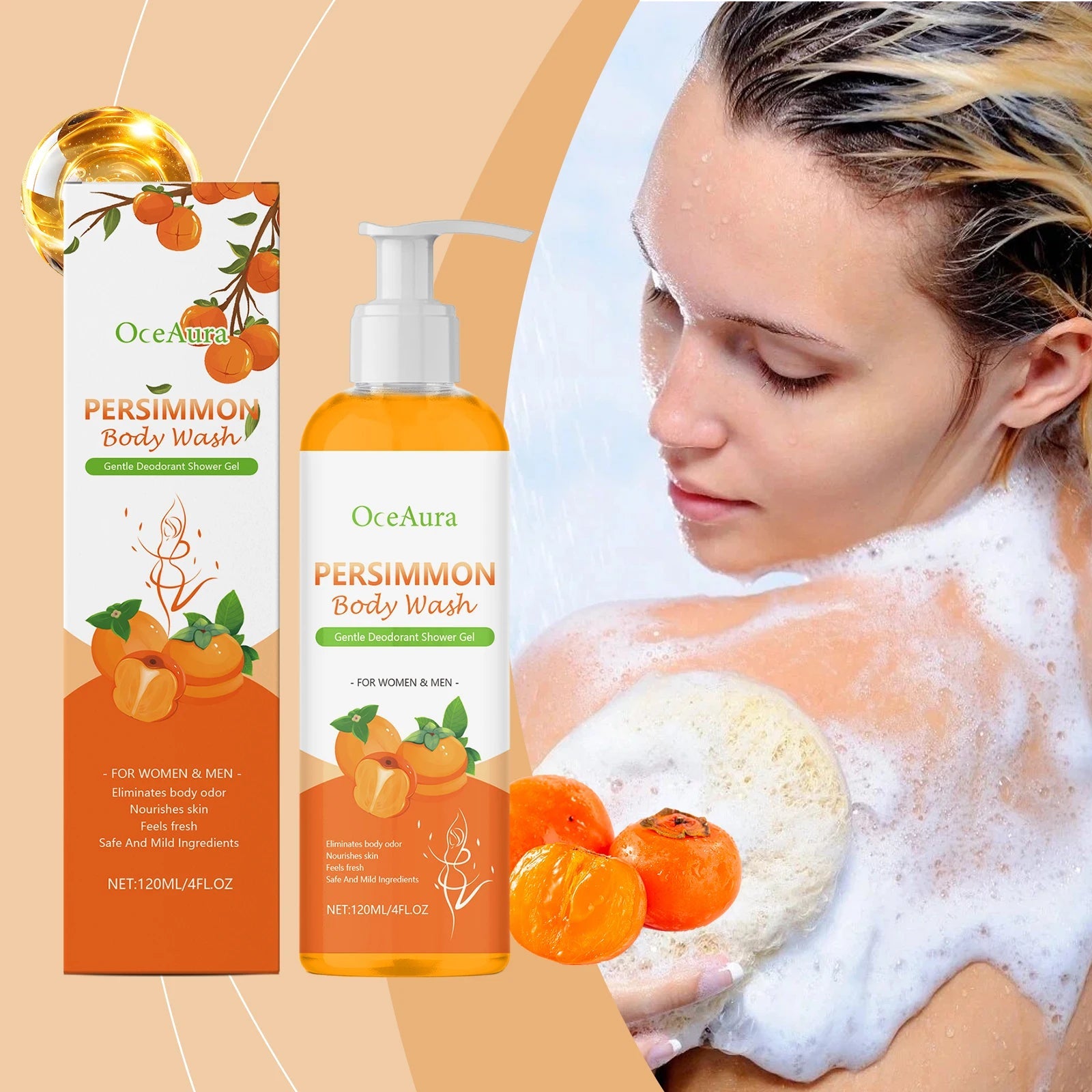OCEAURA Persimmon Deodorizing Shower Gel Odor Remover Sweat Stains Body Cleaning Lasting Fragrance Smoothing Nourish Body Wash Halalzen