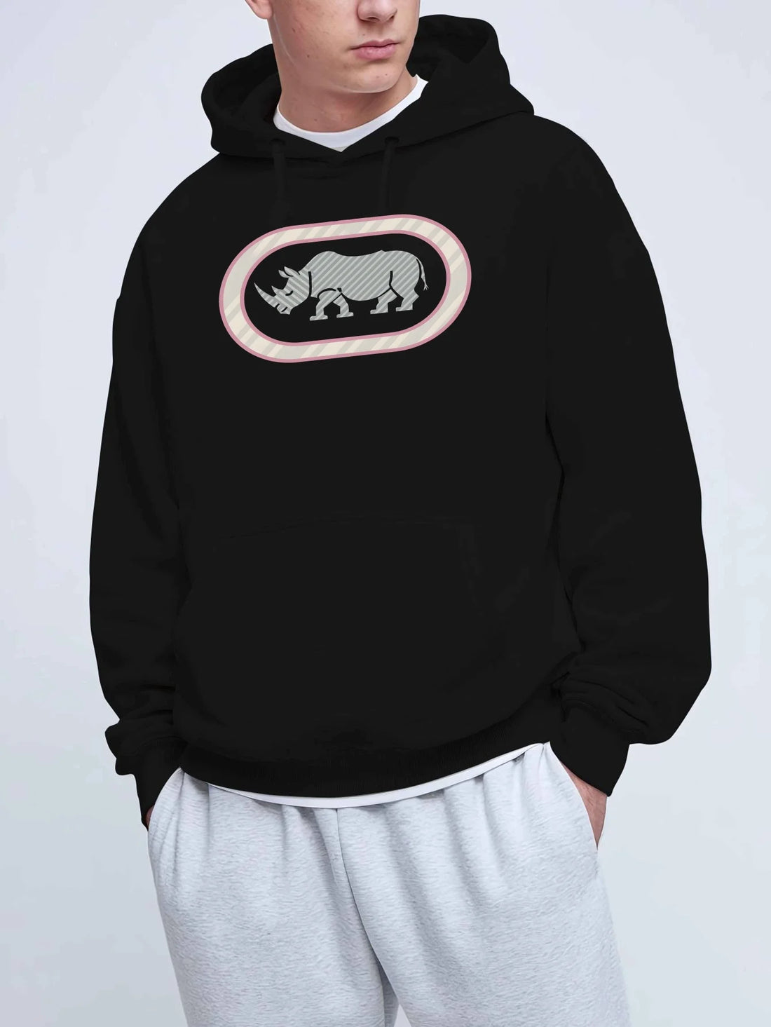 Men'S Casual Rhino Print Hoodie, Winter Long Sleeve Sweatshirt, Regular Fit with Slight Stretch, Trendy American Style Top