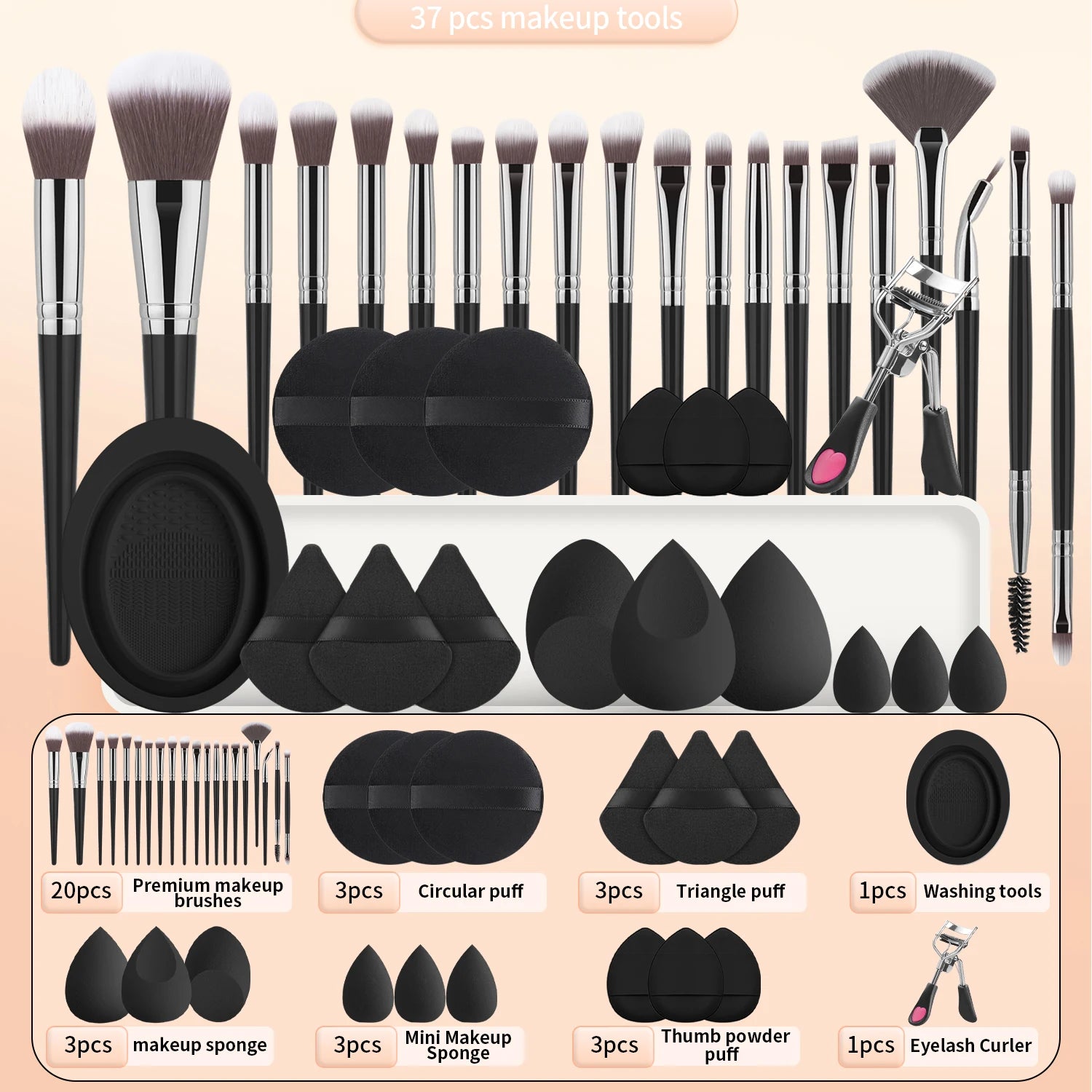37PCS Makeup Tools Set, 20 Brushes + Sponges Puffs, Eyelash Curler, Cleaning Tool for Full Face