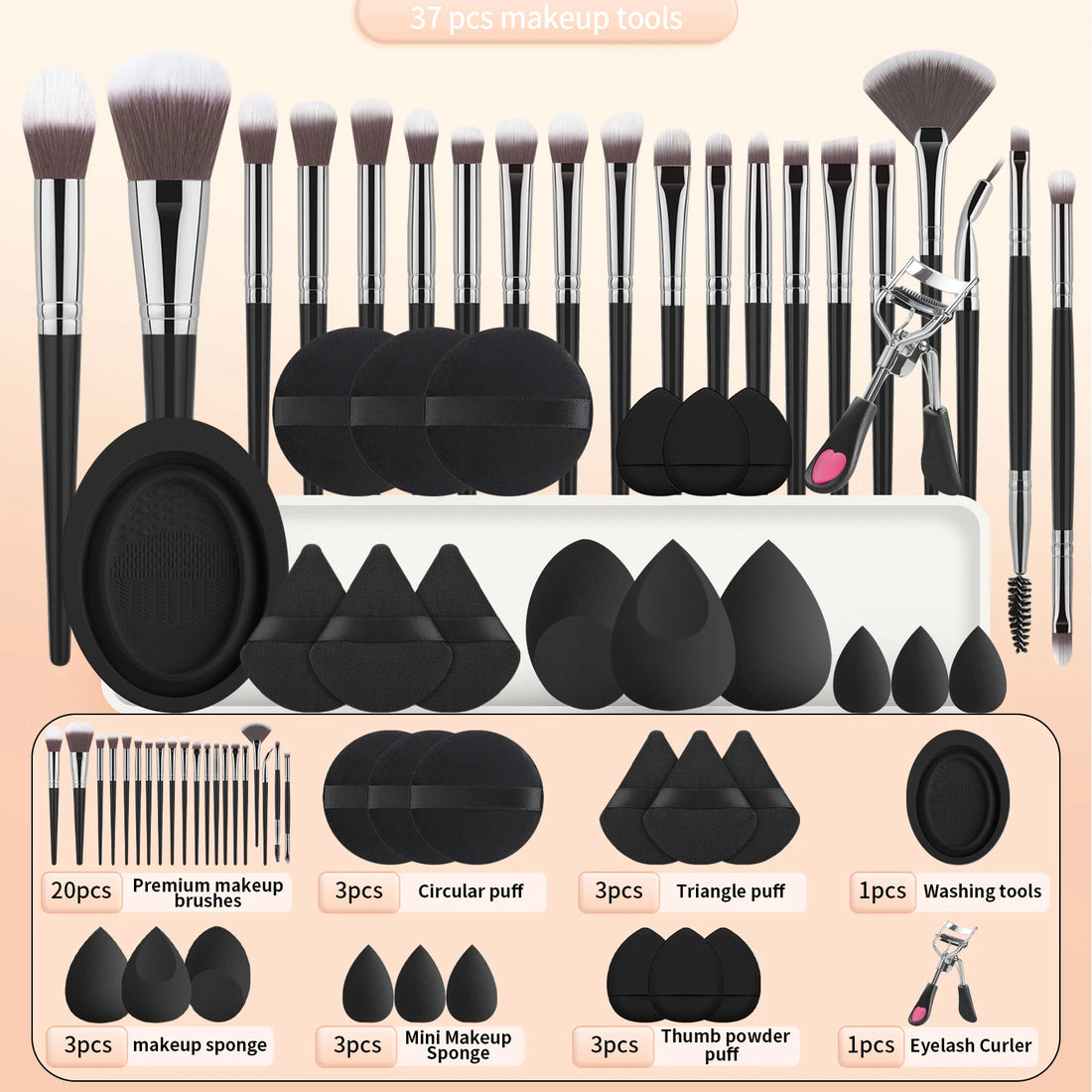 37PCS Makeup Tools Set, 20 Brushes + Sponges Puffs, Eyelash Curler, Cleaning Tool for Full Face