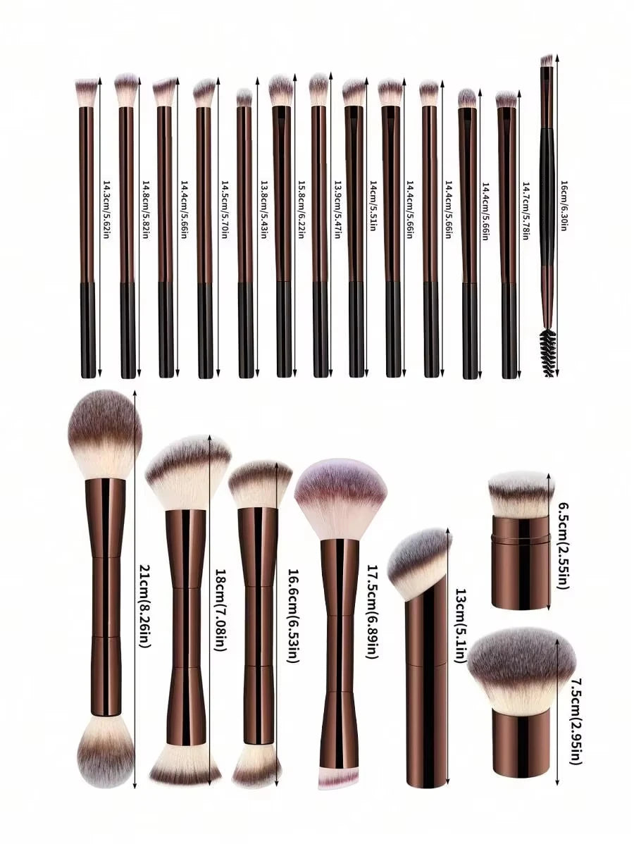 22-piece professional makeup tool set, including a velvet storage bag, 20 soft long aluminum tube  brushes + 2 powder puff