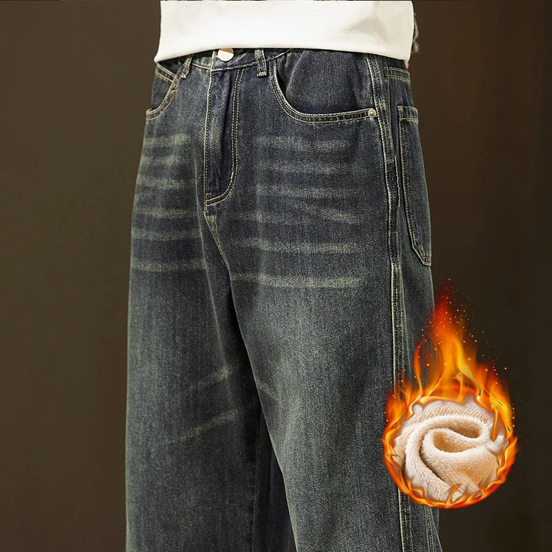 Winter Fleece Thick Cotton Jeans Men Warm Korean Velvet Loose Wide Pants Elastic Waist High Quality Outdoors Plush Trousers HALALZEN