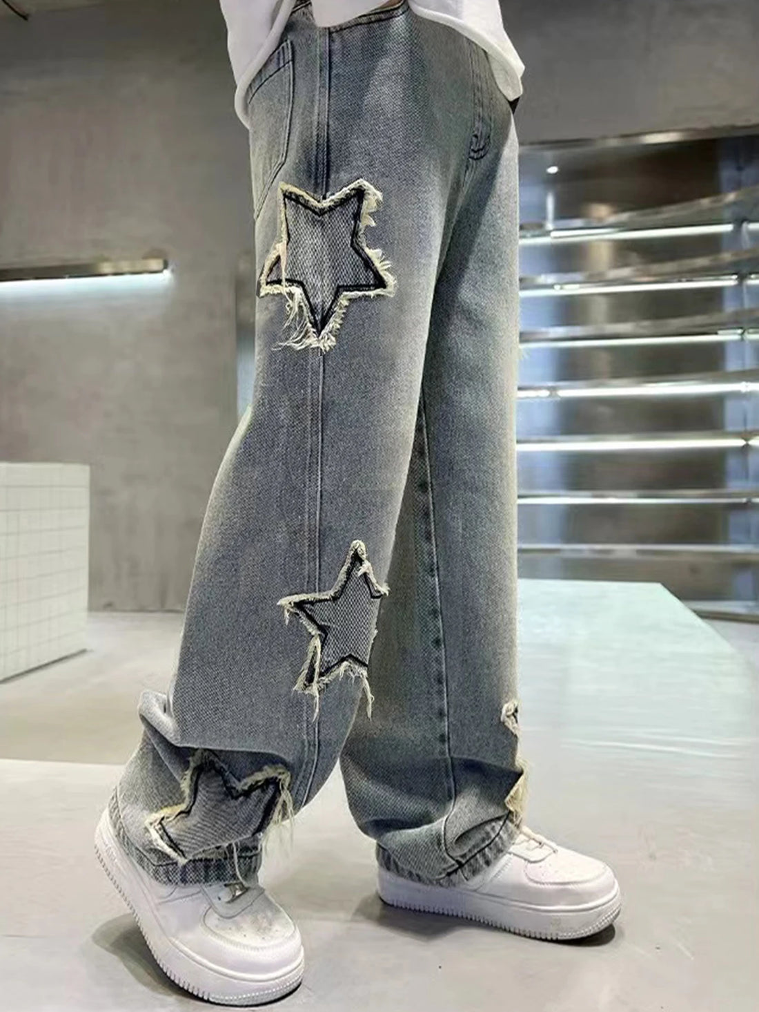 Teenage Five-Pointed Star Straight-Leg Washed Denim Jeans - Handsome, Versatile, Casual Wide-Leg Pants