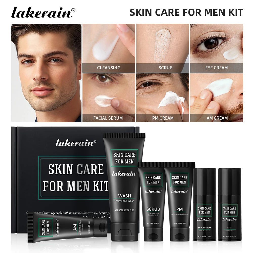 6pcs Essential Men Skin Care Set Daily Routine Face Wash Facial Scrub SPF Moisturizer Night Cream Hydrating Repair Facial Kit Christmas Valentine Gift For Men