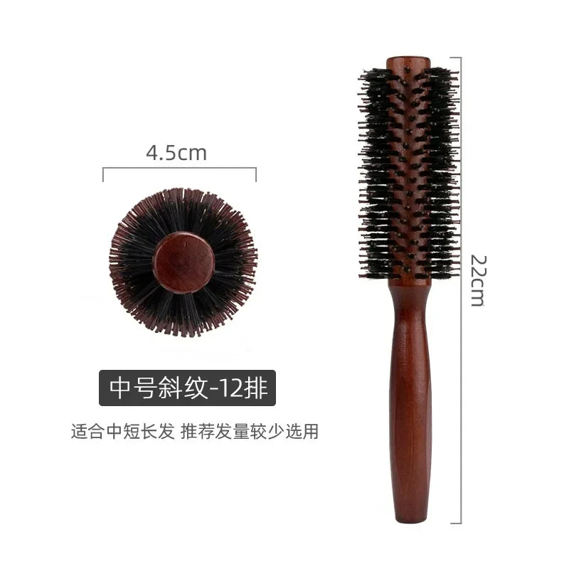Wood Handle Boar Bristles Round Brush Tail Professional Barber Salon Hairdressing Hair Brush Hair Round Comb Halalzen