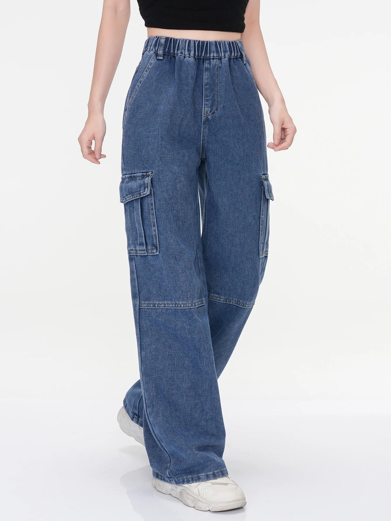 Women's Vintage Washed Cargo Jeans - High Waist Straight Wide Leg Denim Pants for Girls, Casual Stretch Slimming College Style R