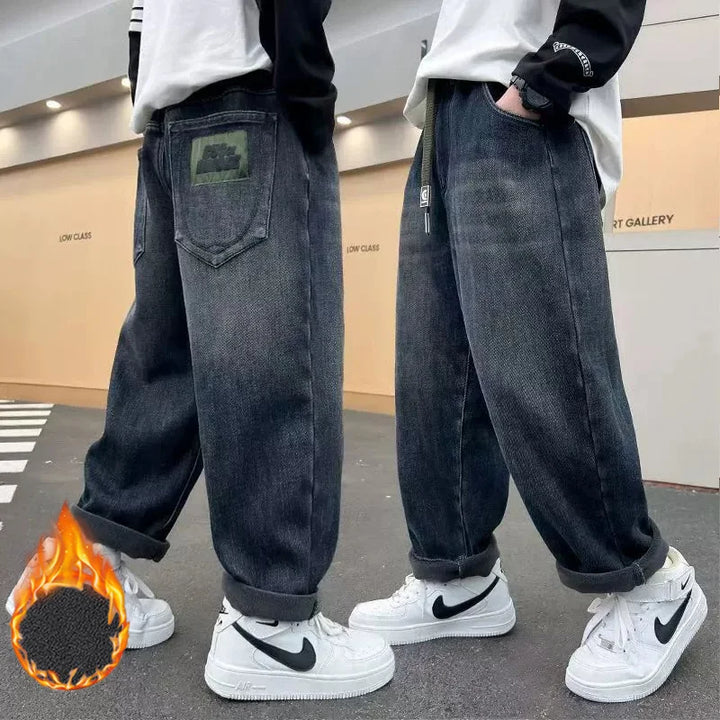 Kids Autumn Winter Fleece-lined Warm Denim Pants 5-14 Years Boys Fashion Letters Straight Loose Jeans Casual Sports Trousers