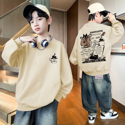 New Boys Girls Sweatshirt Pullover Autumn Korean Version Cartoon Cat Group Printed Long Sleeves T-Shirt Tops Casual Kids Clothes