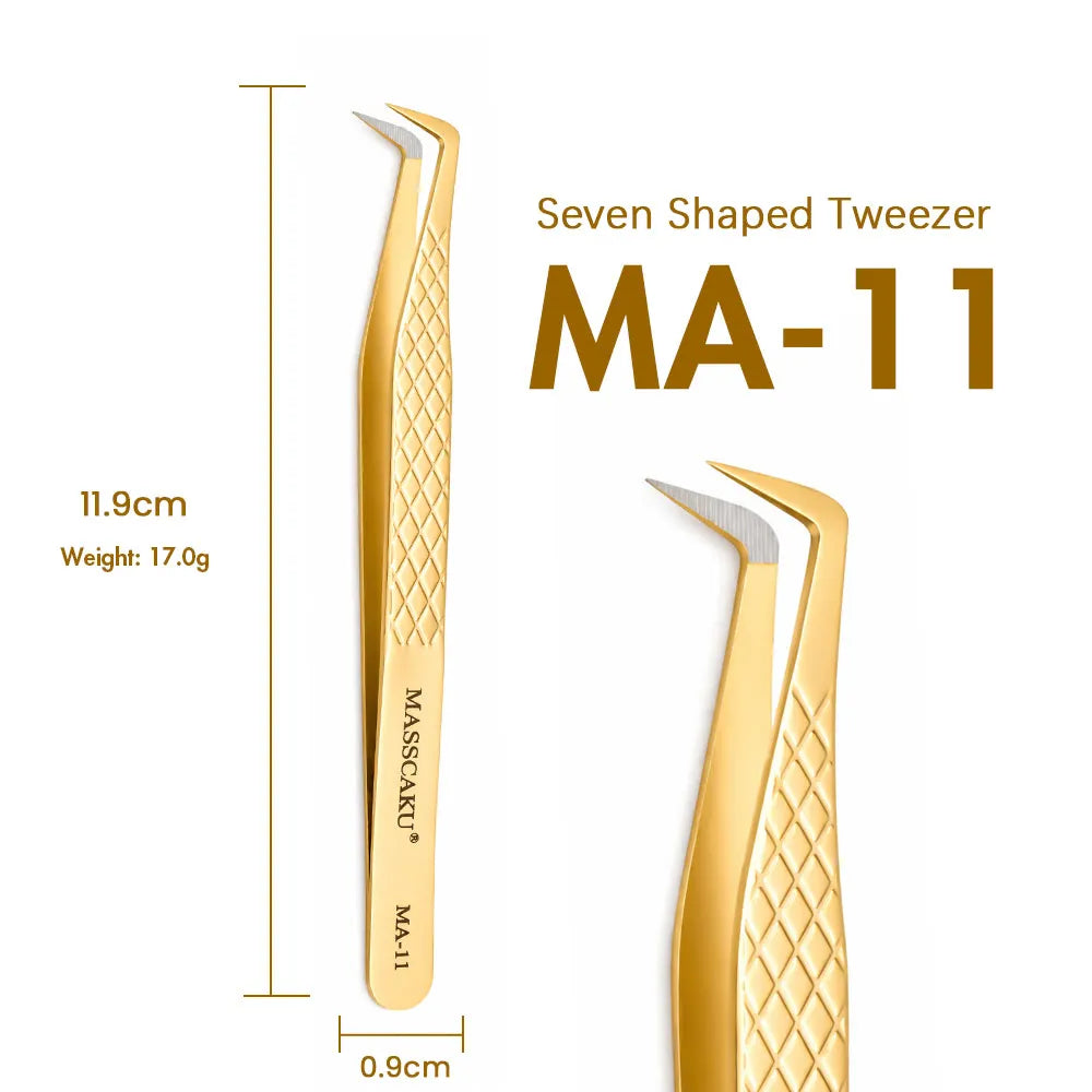 MASSCAKU Eyelash Extension Tweezers Fiber Tip Gold Stainless Steel Lash Pickup Tool for Volume Fans Classic Lash Isolation