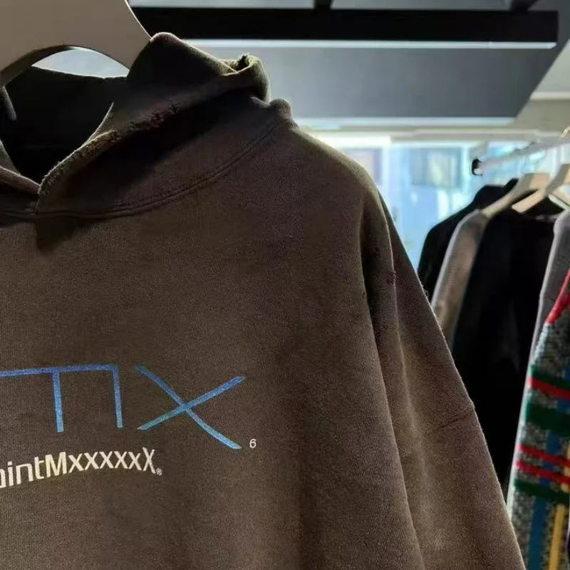 Saint Letter Print Hoodie Vintage Distressed Design Autumn Winter Warm Mens Loose Casual Sweatshirt