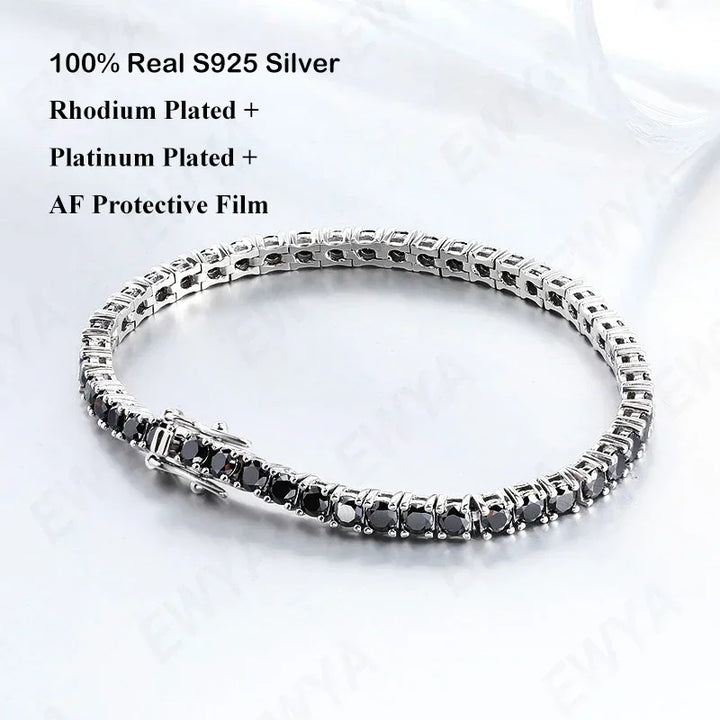 Pulsera de tenis de moissanita negra real certificada EWYA GRA de 3/4/5/6.5MM para mujeres y hombres, pulseras de eslabones de plata S925, joyería fina